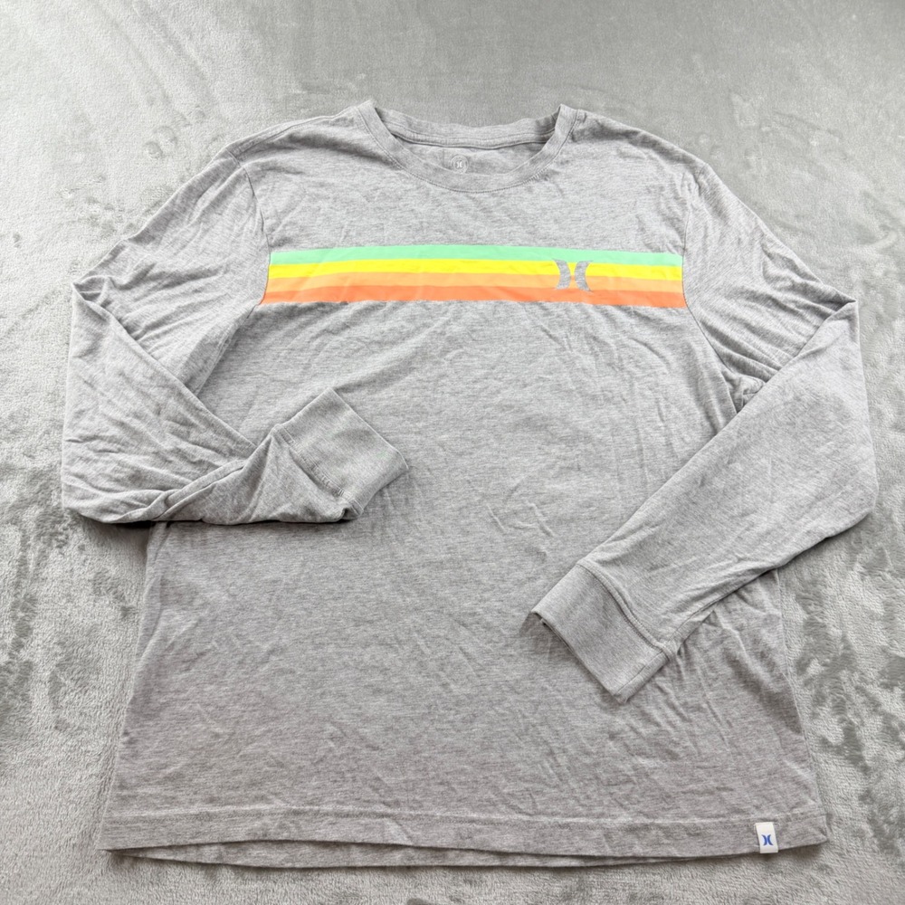 Hurley Men's Medium Long Sleeve Graphic T-Shirt Gray Rainbow Stripe Logo